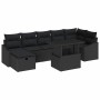 Schwarzes 8-teiliges Garten-Sofa-Set aus Poly Rattan mit Kissen und Tisch.