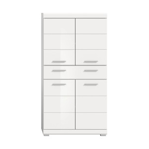 Weißer Hochglanz Bad Midischrank, 74x141x31 cm, mit mehreren Fächern für Bad und Hauswirtschaftsraum.