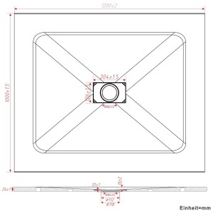 Technische Zeichnung Aquabatos Rechteck Duschwanne 120x100 cm mit Maßen.
