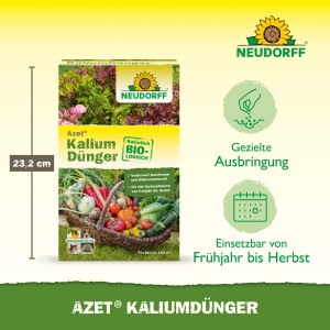 Neudorff Azet Kaliumdünger 2 kg Packung mit Gemüsekorb. Organischer Gartendünger für widerstandsfähige Pflanzen.
