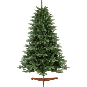Grüne Kunsttanne Midsund, 180 cm hoch, mit Holzständer für die Weihnachtsdekoration.