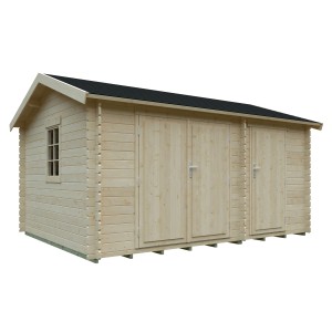Unbehandeltes Kiehn-Holz Gartenhaus KH 28-013, 410x300 cm, mit Doppeltür und Fenster.