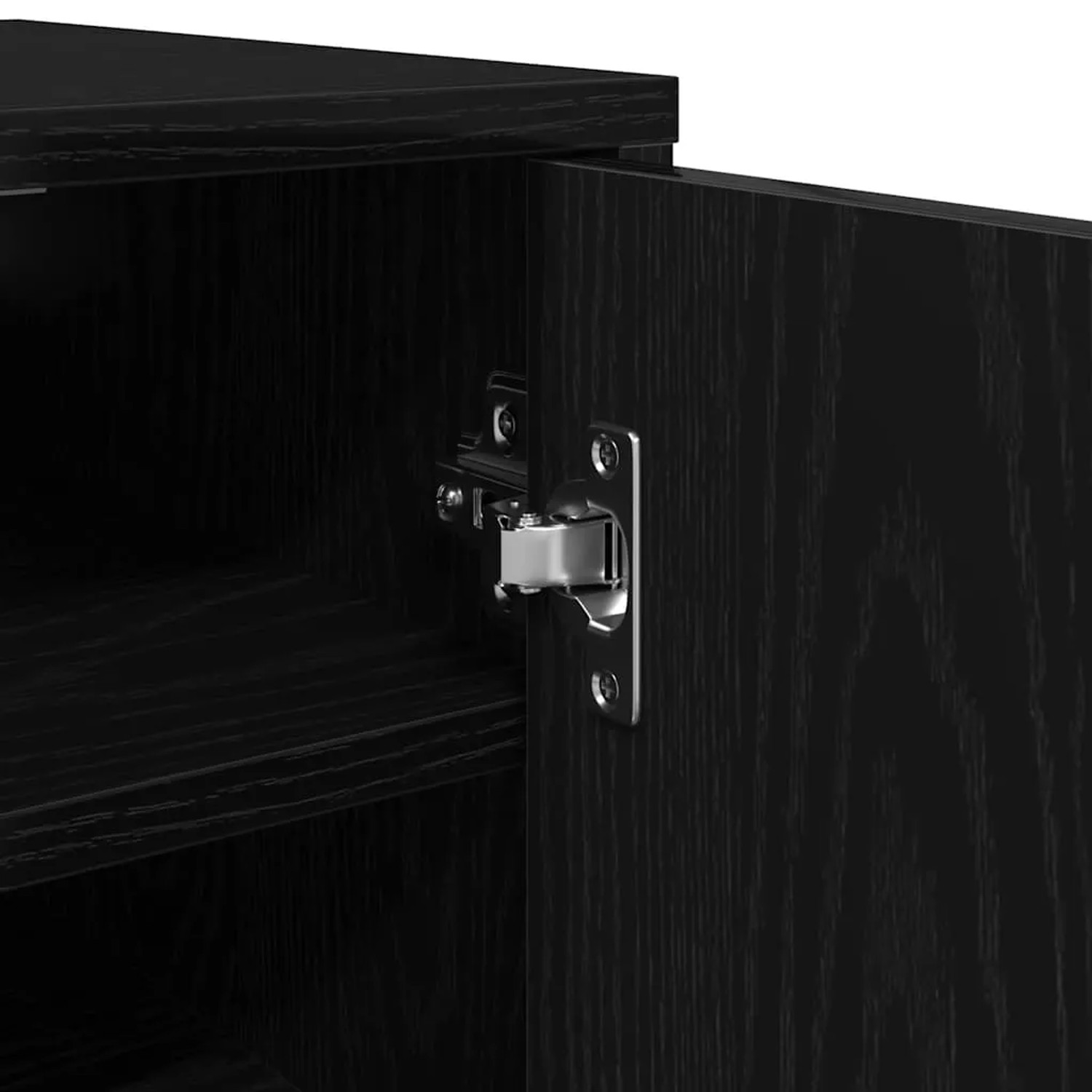 Detailaufnahme: Schwarzer Schuhschrank in Eichen-Optik mit Scharnier.