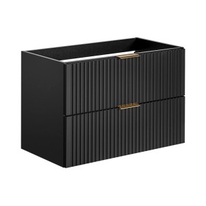 Wandhängender Vente-unique Waschbeckenunterschrank Zevara, 80 cm, schwarz, gerippte Fronten, 2 Schubladen, goldene Art Déco Griffe.
