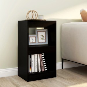Schwarzes VidaXL Bücherregal/Raumteiler (40x30x72cm) mit zwei Fächern, gefüllt mit Büchern und Deko.