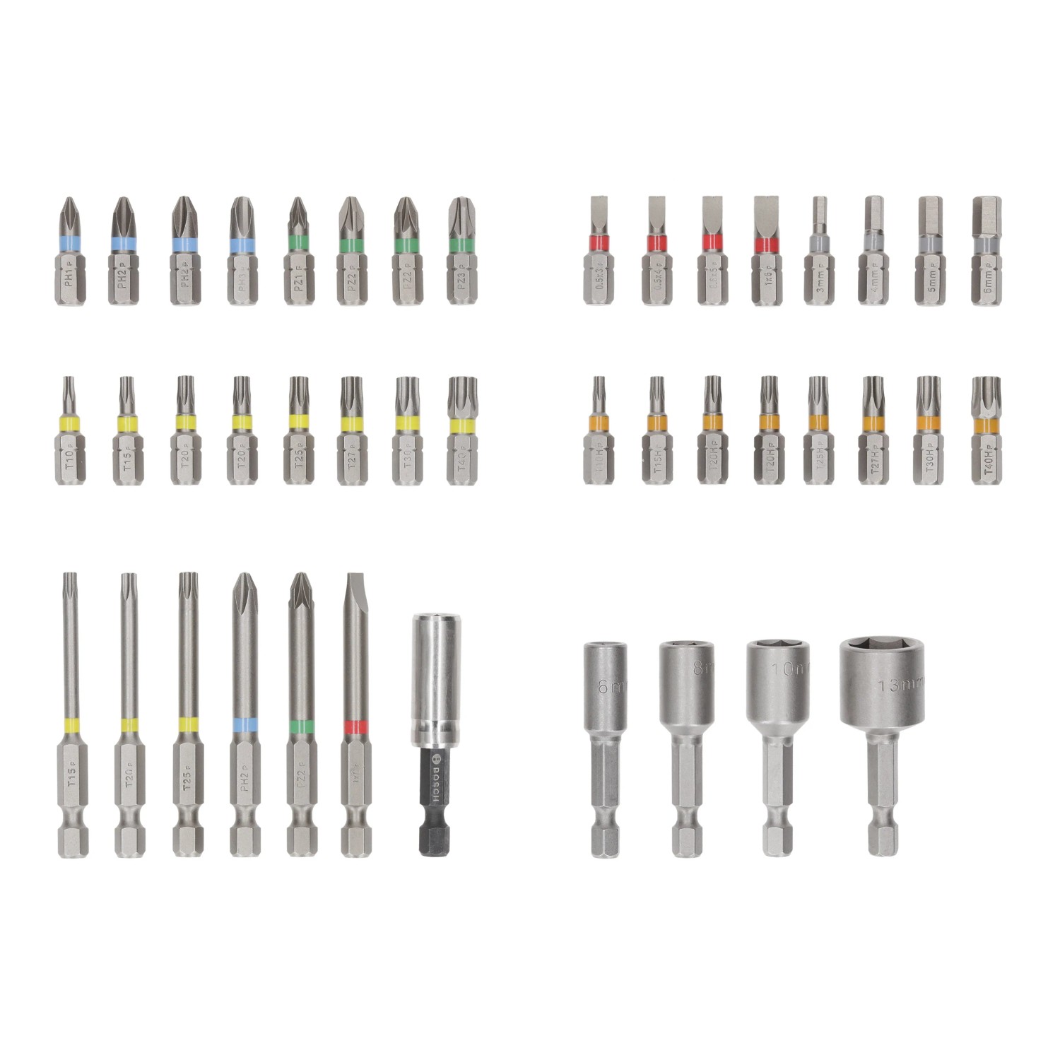 Bosch Extra Hard Bit Set, 43-teilig, mit farbcodierten Schrauberbits und Steckschlüsseln.