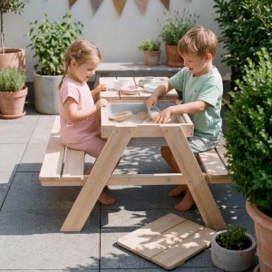 Kinder spielen mit Sand an roba Outdoor Kindersitzgarnitur aus hellem Holz mit Spielwannen auf Terrasse.