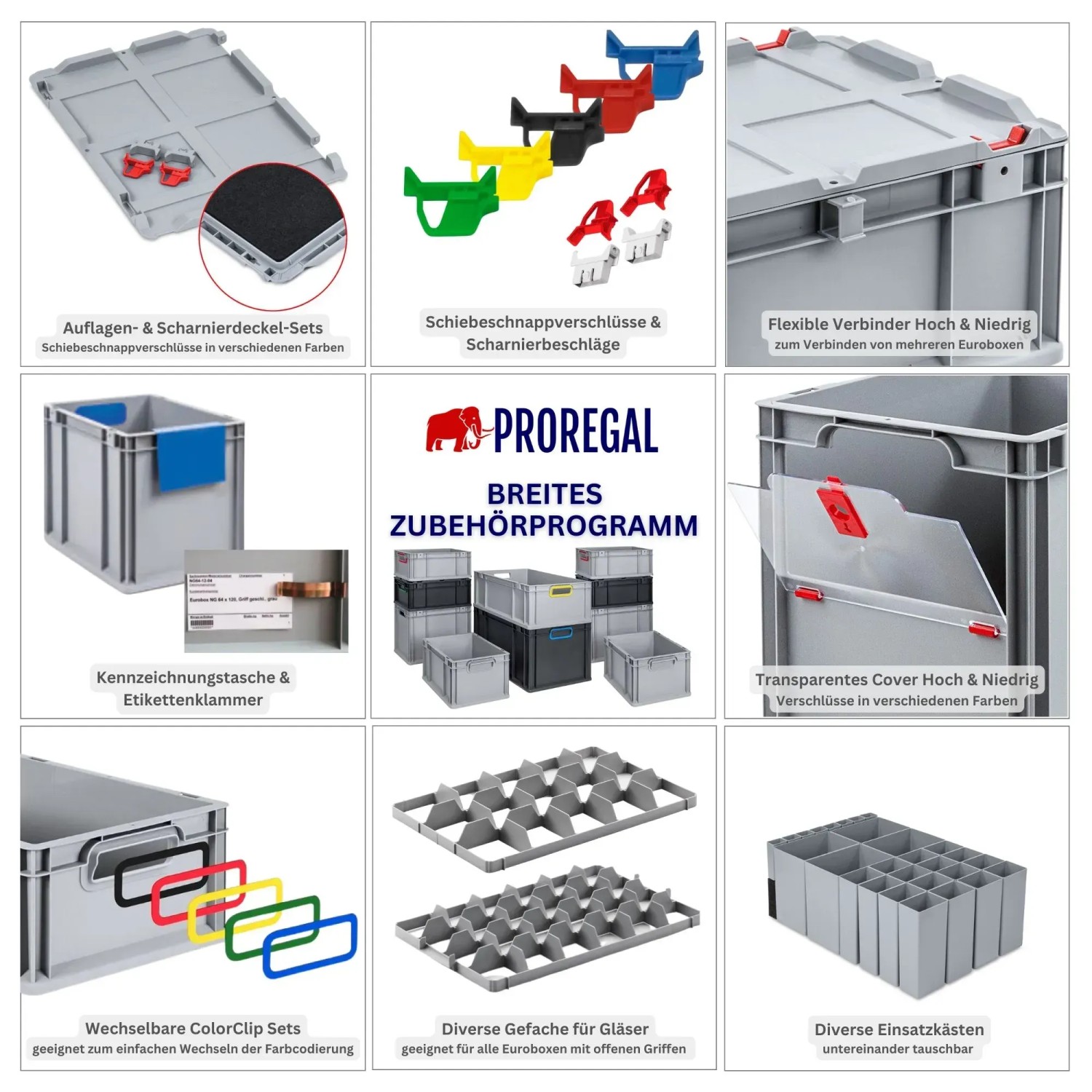PROREGAL Eurobox Sparset: 5 Boxen mit Deckel, 65L, schwarz mit grünen Griffen. Aufbewahrungsboxen für Transport.