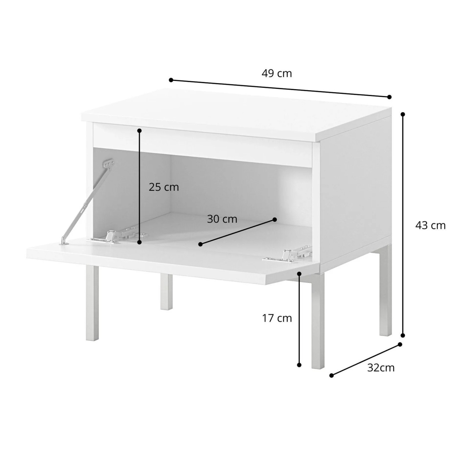 Selsey Nachttisch Bemmi, 49 cm breit, mit offenem Fach und Abmessungen dargestellt.