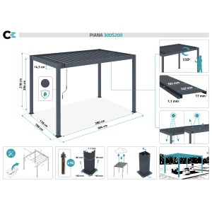 Cazeboo Piana Bioklimatische Pergola 3x2m aus grauem Aluminium, Maße und Details.