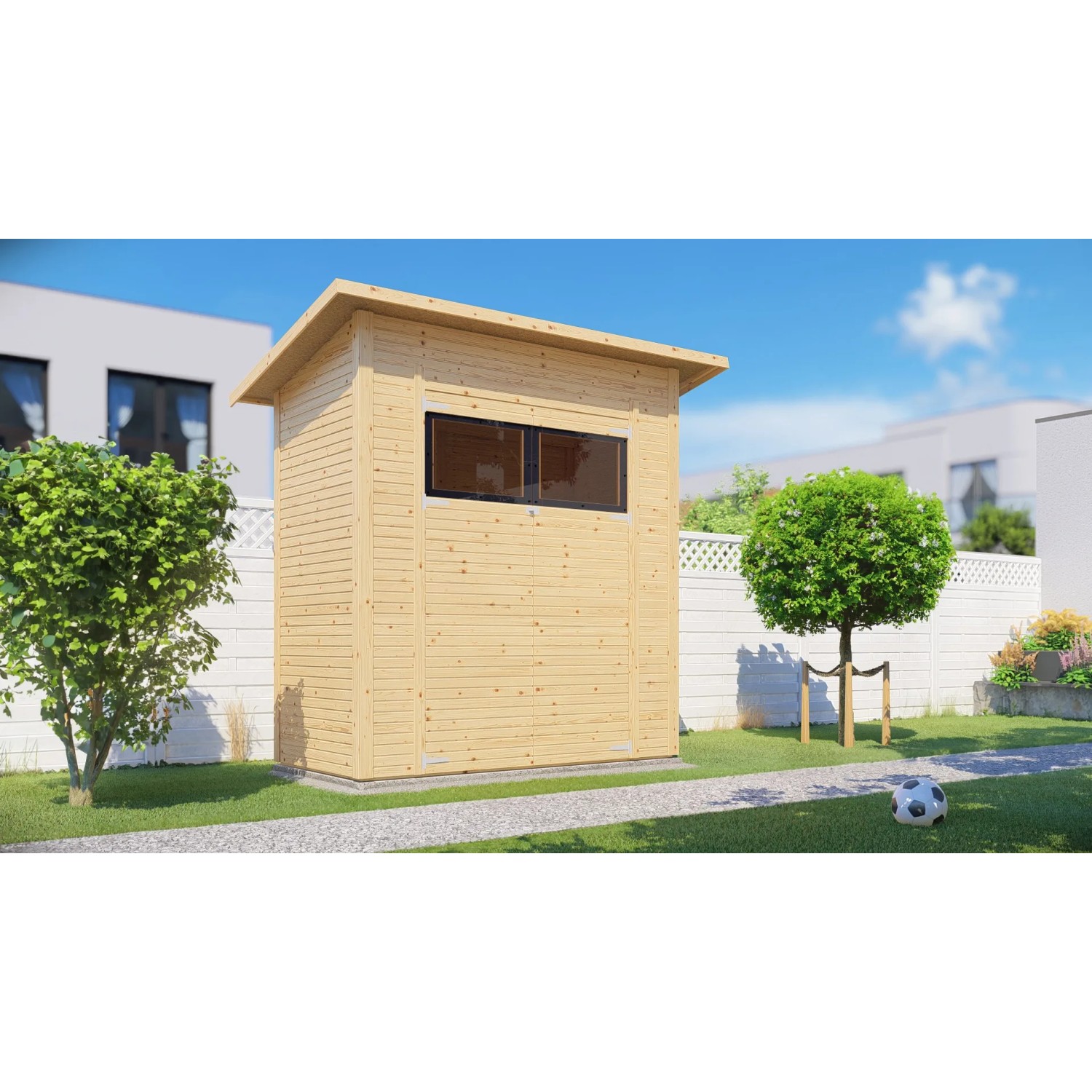 Bertilo Gerätehaus Pent Modern, Naturholz, 208x103 cm, mit Rhombusprofil und Doppeltür.