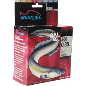 Westline Zielfischschnur Aal, 0,35 mm, auf der Verpackung mit Aal-Motiv.
