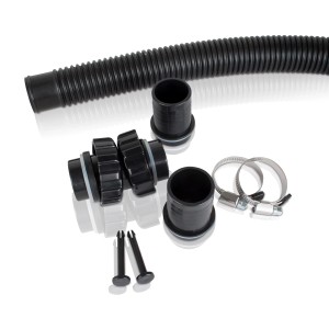 Zubehör für Gre Solarwärmepaneel: Schlauch, Verbinder, Klemmen und Stifte in Schwarz.