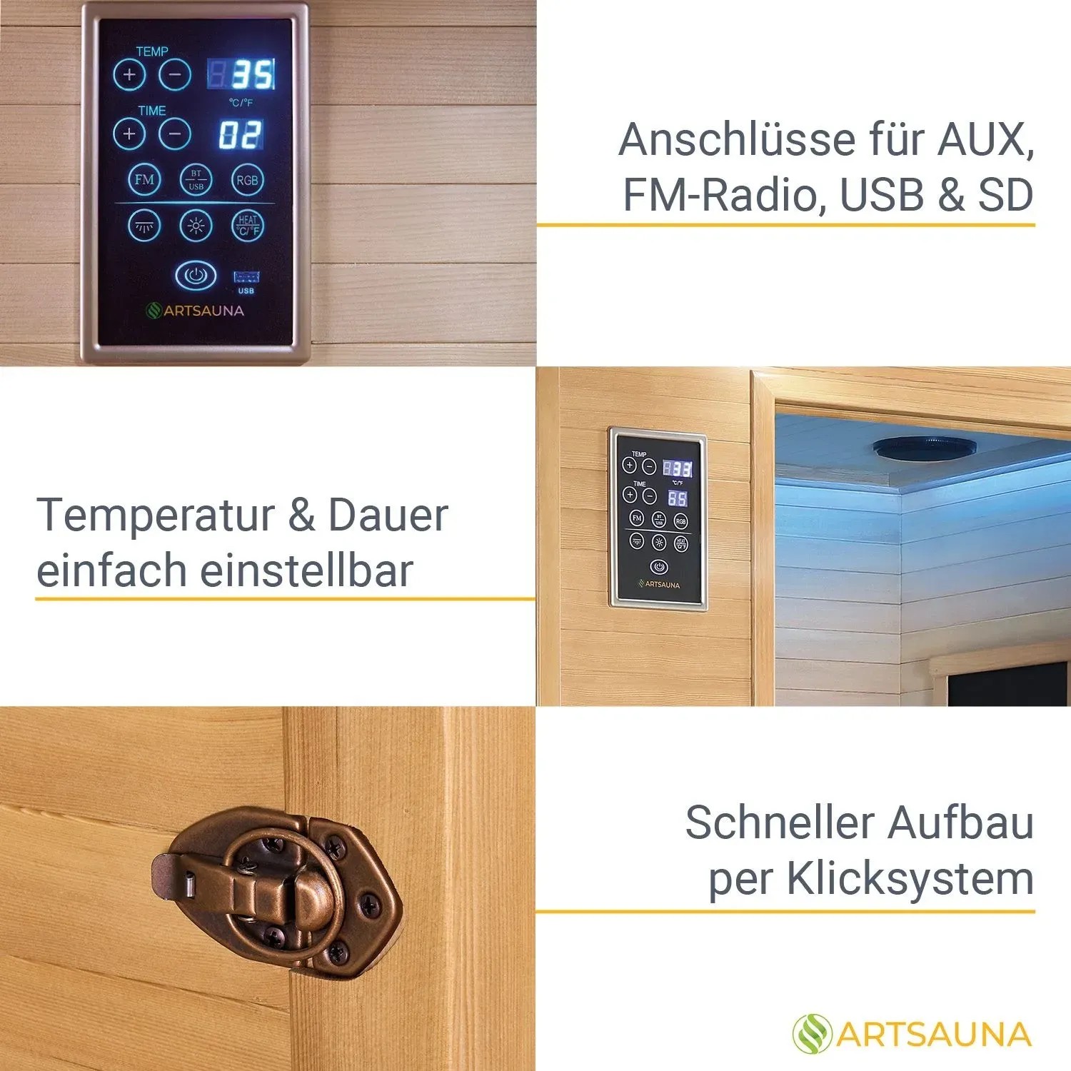 Details der Artsauna Infrarotkabine Oslo: Steuerung, Anschlüsse, Klicksystem und Hemlockholz-Tür.