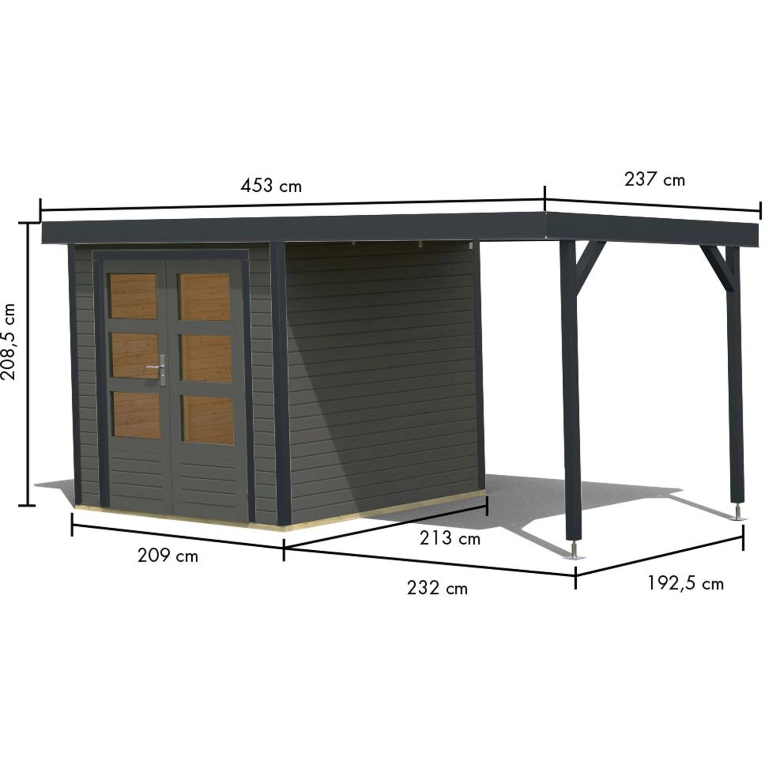 Karibu Gartenhaus Set Ernesto B, terragrau-anthrazit, mit Anbaudach und Maßangaben.