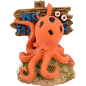 Aquarium Deko: Oktopus Figur mit "No Fishing" Schild, orange mit schwarzen Punkten.