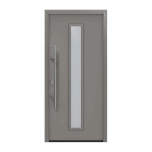 EcoStar Haustür Isopro IP 020S, graualuminium, mit Glasausschnitt und Edelstahlgriff.