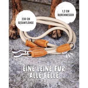 Beige Rudelkönig Hundeleine Emma, verstellbar, 230 cm, Kletterseil mit Lederdetails und Karabiner.