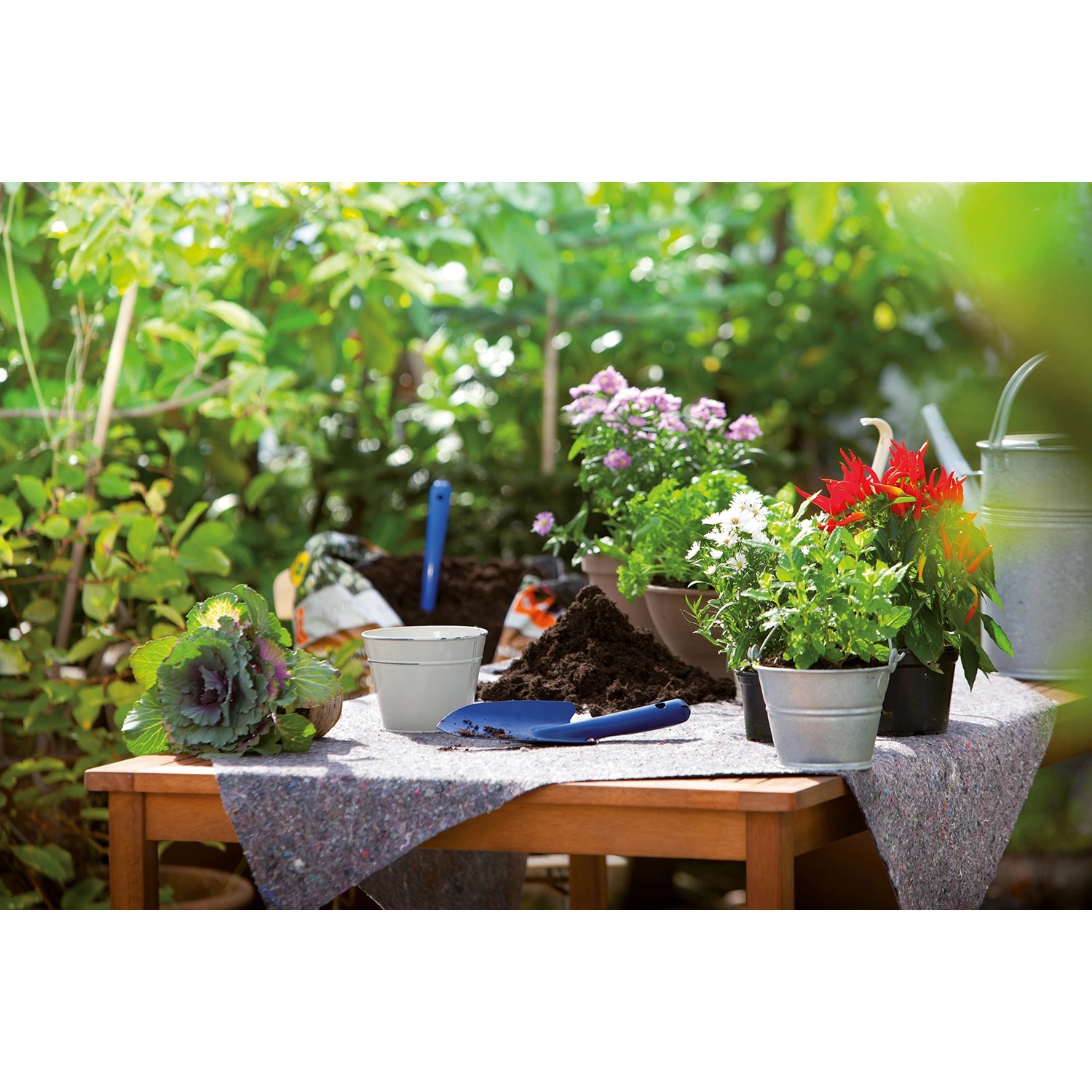 LUX Abdeckvlies auf Gartentisch mit Pflanzen und Gartengeräten. Schutz vor Schmutz.