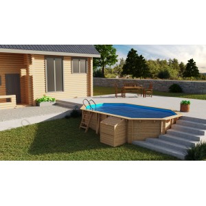 Gre Technikraum aus Echtholz für Pools ab 143 cm, mit Leiter und Treppe im Garten.