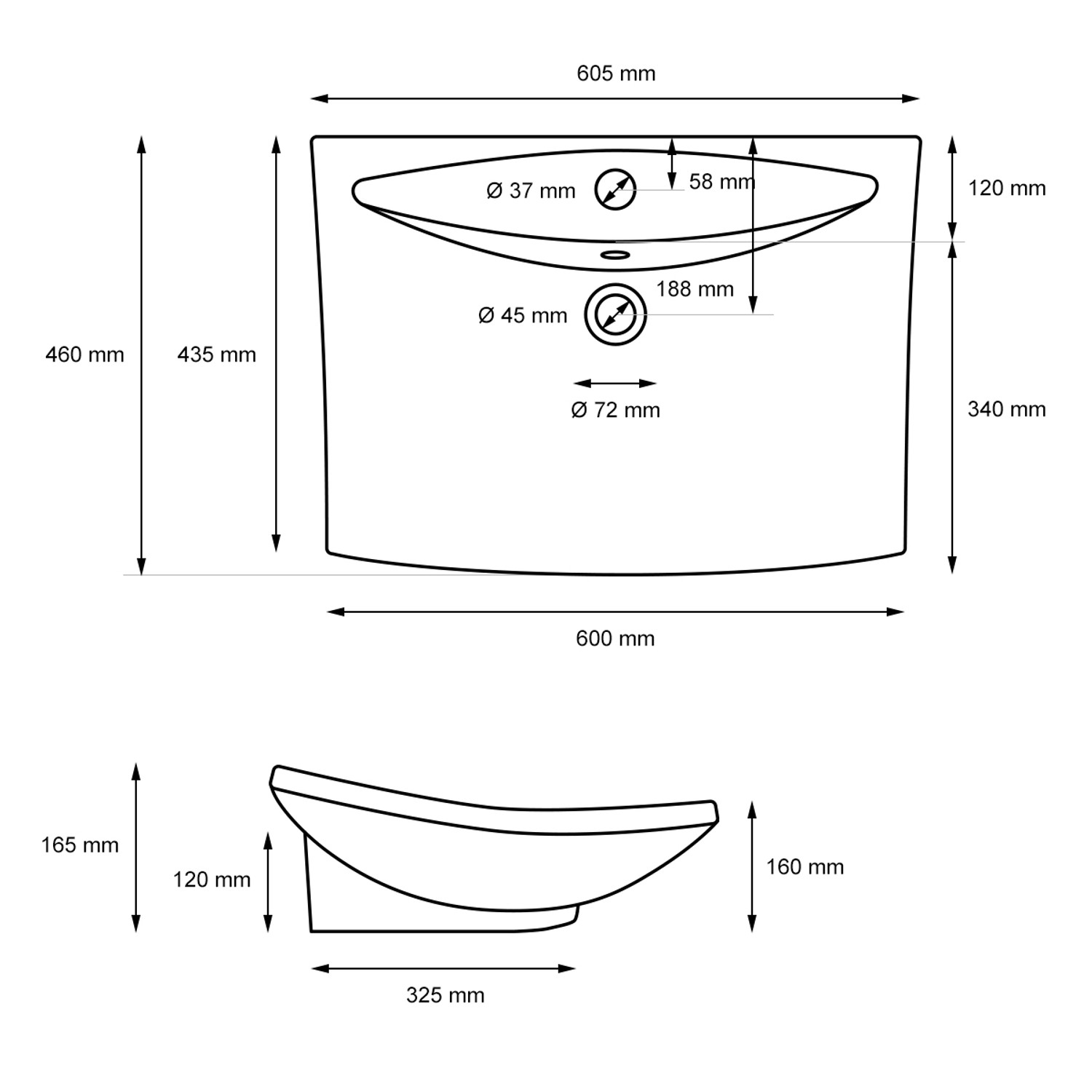 Technische Zeichnung: ECD Germany Waschbecken, 605x460x165 mm, Keramik, weiß, Aufsatzwaschbecken mit Maßen.