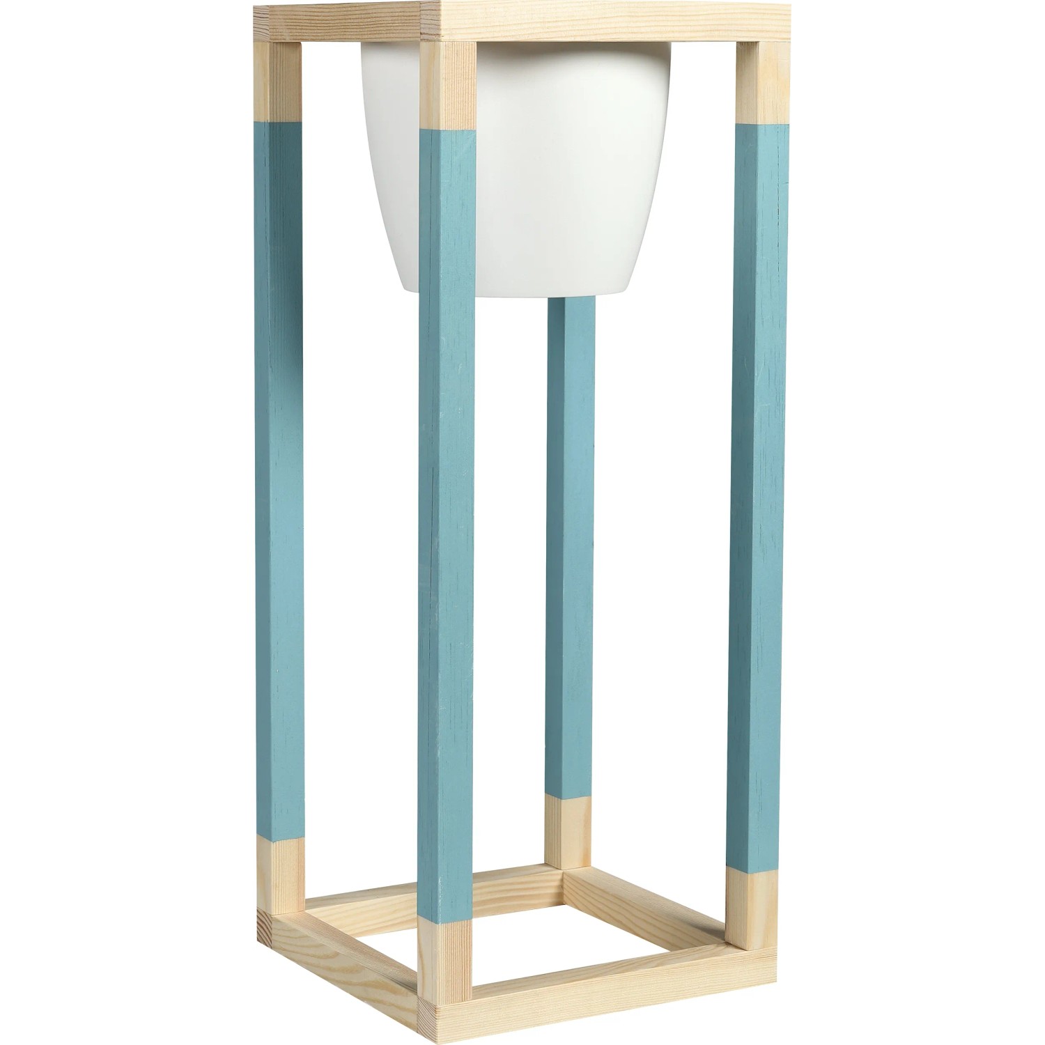 CREATE! by OBI DIY Pflanzständer Mittel aus Holz mit blau lackierten Akzenten und weißem Topf.