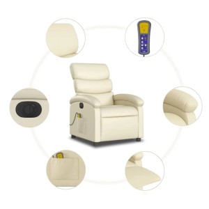 Elektrischer Massagesessel in Creme Kunstleder mit Fernbedienung und Details.
