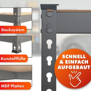 Detailaufnahme: Anthrazit-graues Schwerlastregal mit Stecksystem, MDF-Platten und Kunststofffüßen. Schneller Aufbau.