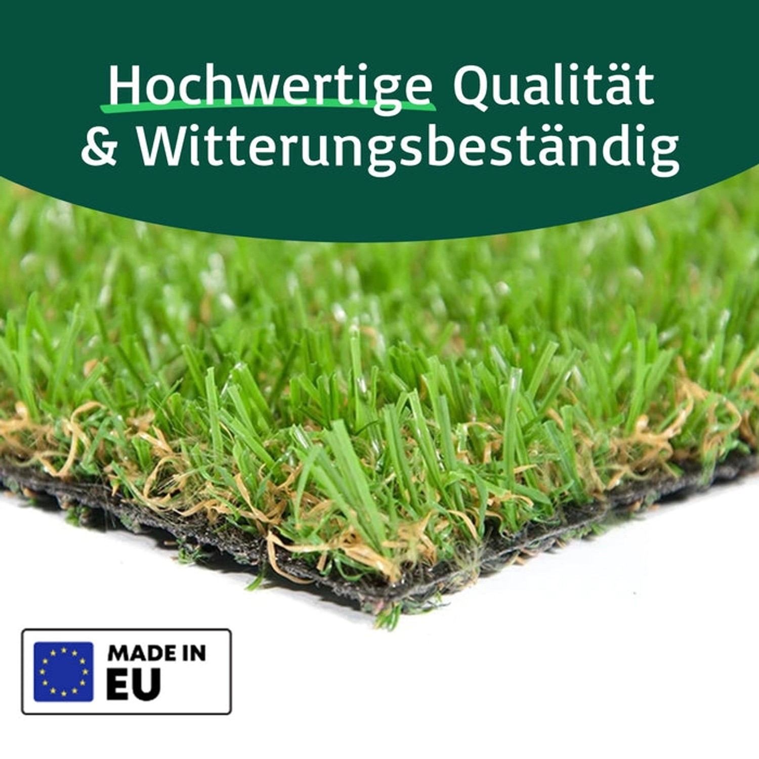 Detailaufnahme Kunstrasen Cambridge, 25mm hoch, UV-beständig. Ideal für Balkon und Terrasse.