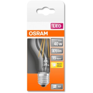 Osram E27 LED-Lampe in Glühlampenform, 4W, 470lm, warmweiß, auf Verpackung.