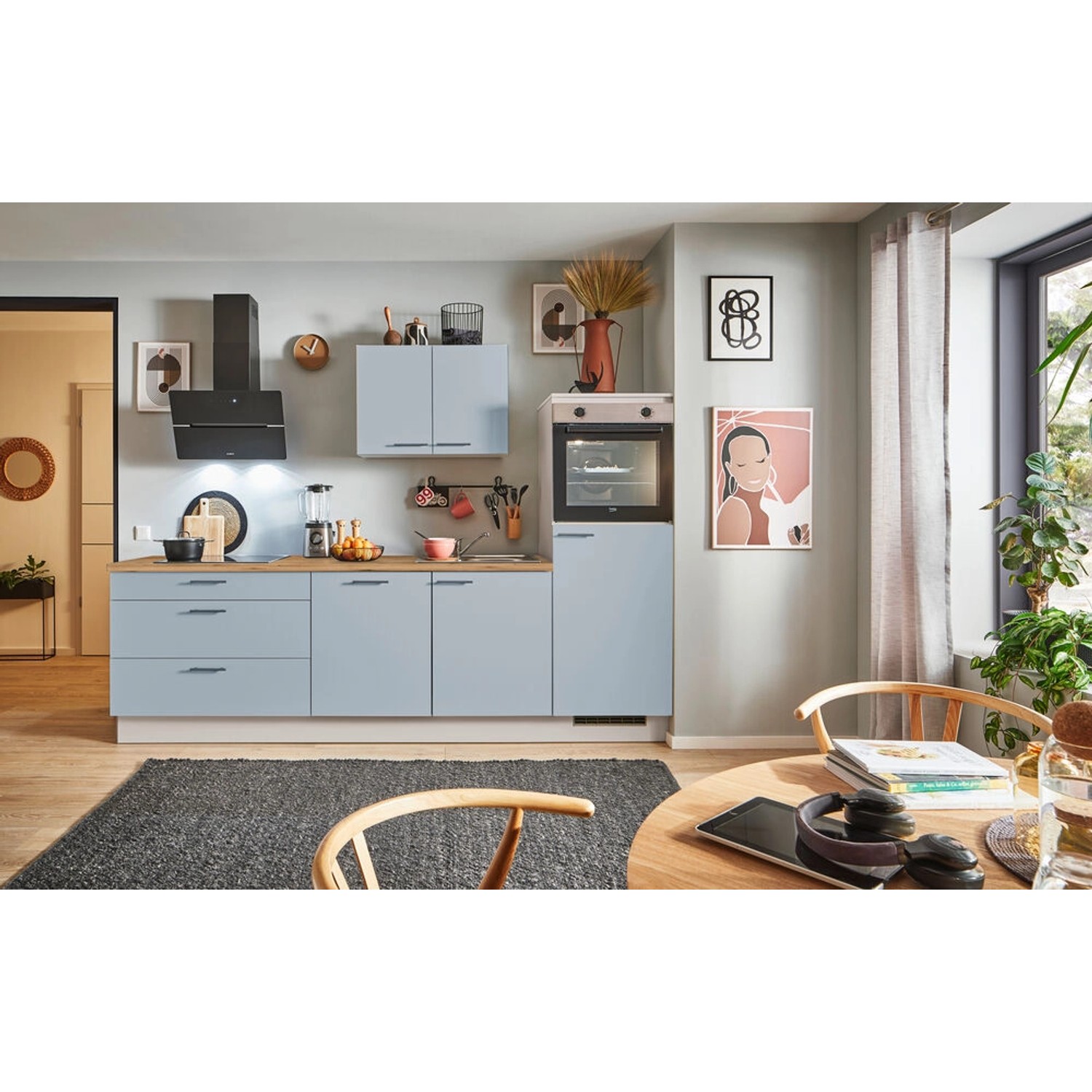 pino Küchenzeile 280 cm Pastellblau Anschlag rechts 1 Geräteschrank günstig online kaufen