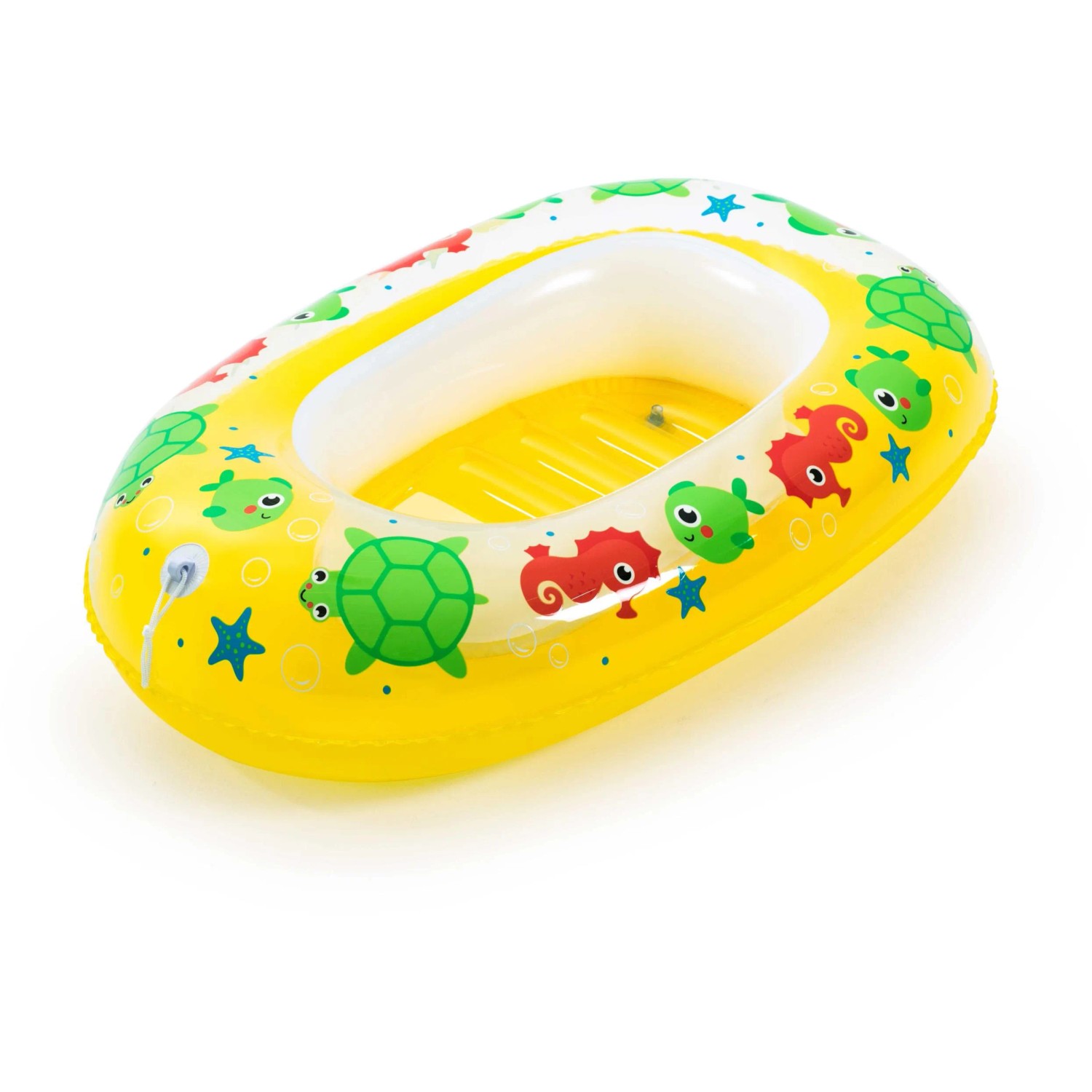 Gelbes Bestway Kiddie Raft Schlauchboot, 91x61 cm, mit bunten Meeresmotiven für Kinder.