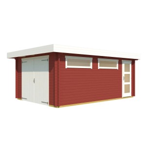 Schwedenrote Lasita Garage Canberra mit Holztor, seitlicher Tür und Milchglasfenstern.