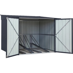 Geöffnete, anthrazitfarbene Globel Fahrradbox Family mit 4 Fahrradhaltern. Gerätehaus zur Fahrradaufbewahrung.