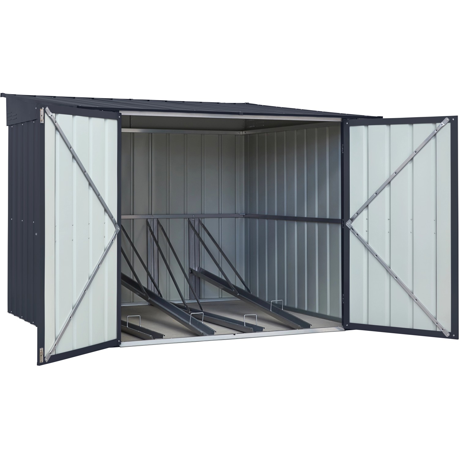 Geöffnete, anthrazitfarbene Globel Fahrradbox Family mit 4 Fahrradhaltern. Gerätehaus zur Fahrradaufbewahrung.