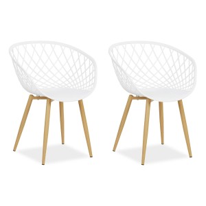 Homestyle4u Gartenstuhl 2er Set, weiße Kunststoffschale mit Holzoptik-Beinen. Gartenmöbel für Terrasse und Balkon.