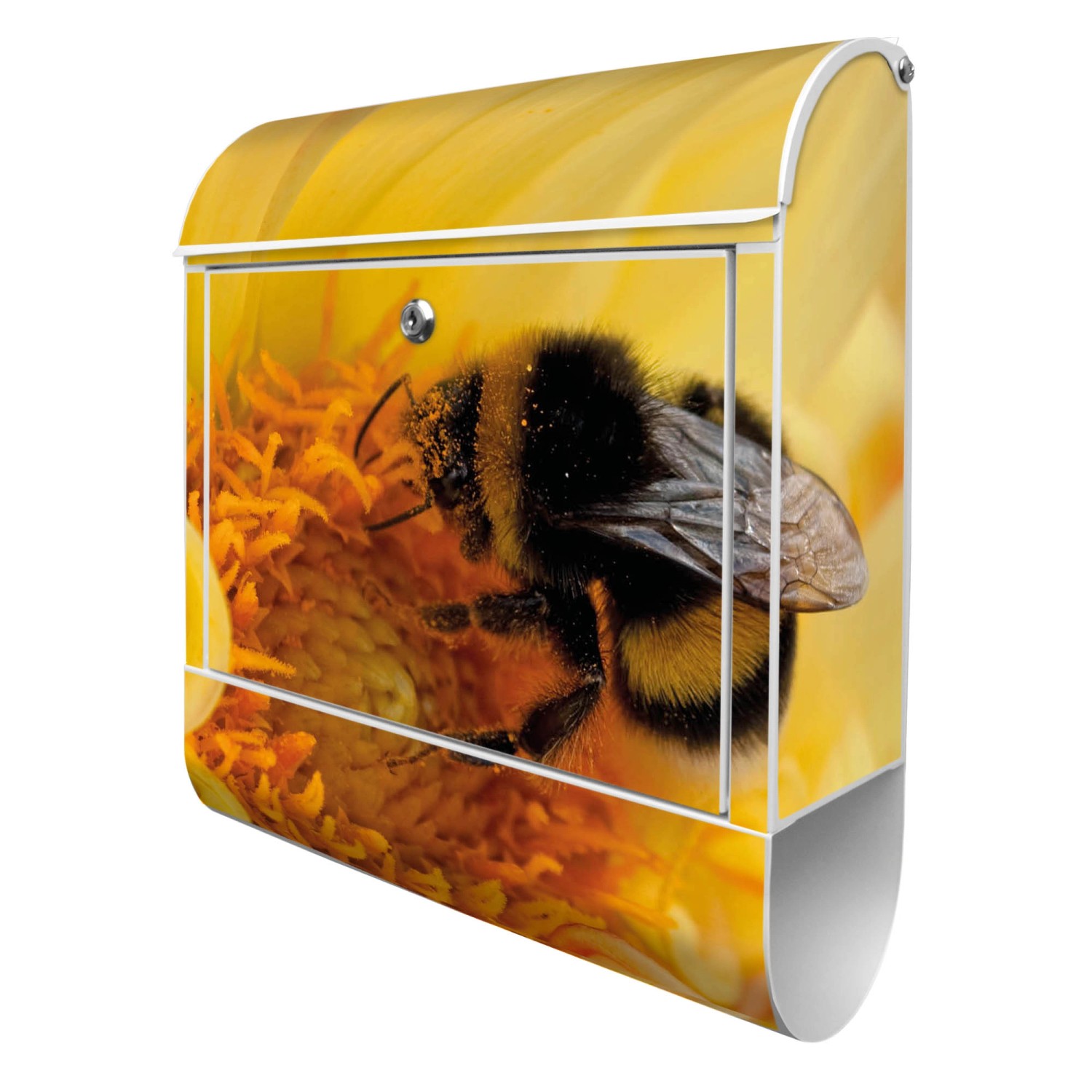 Weißer Design Briefkasten mit Hummel Motiv und Zeitungsfach.