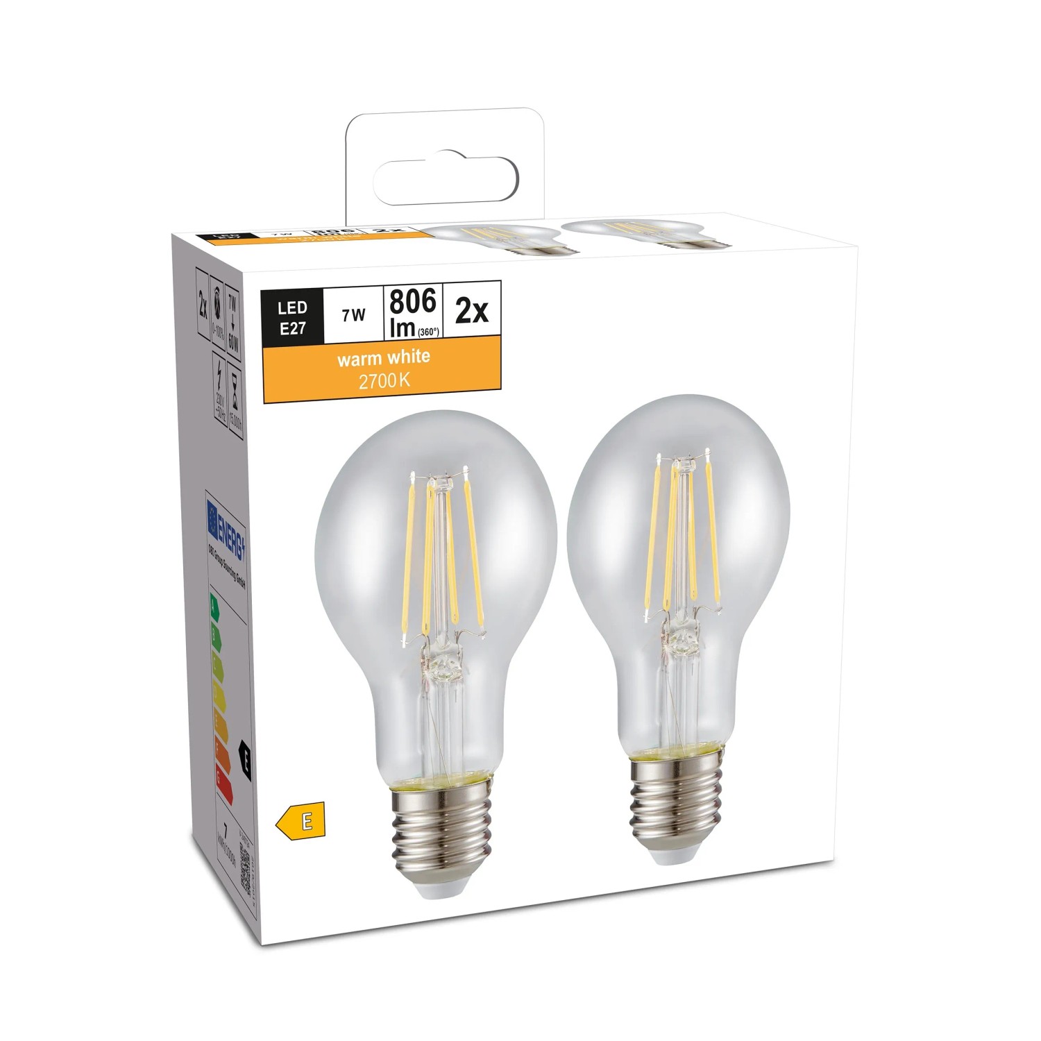 2er Set E27 LED-Glühbirnen, 7W, 806lm, warmweiß, in Verpackung.