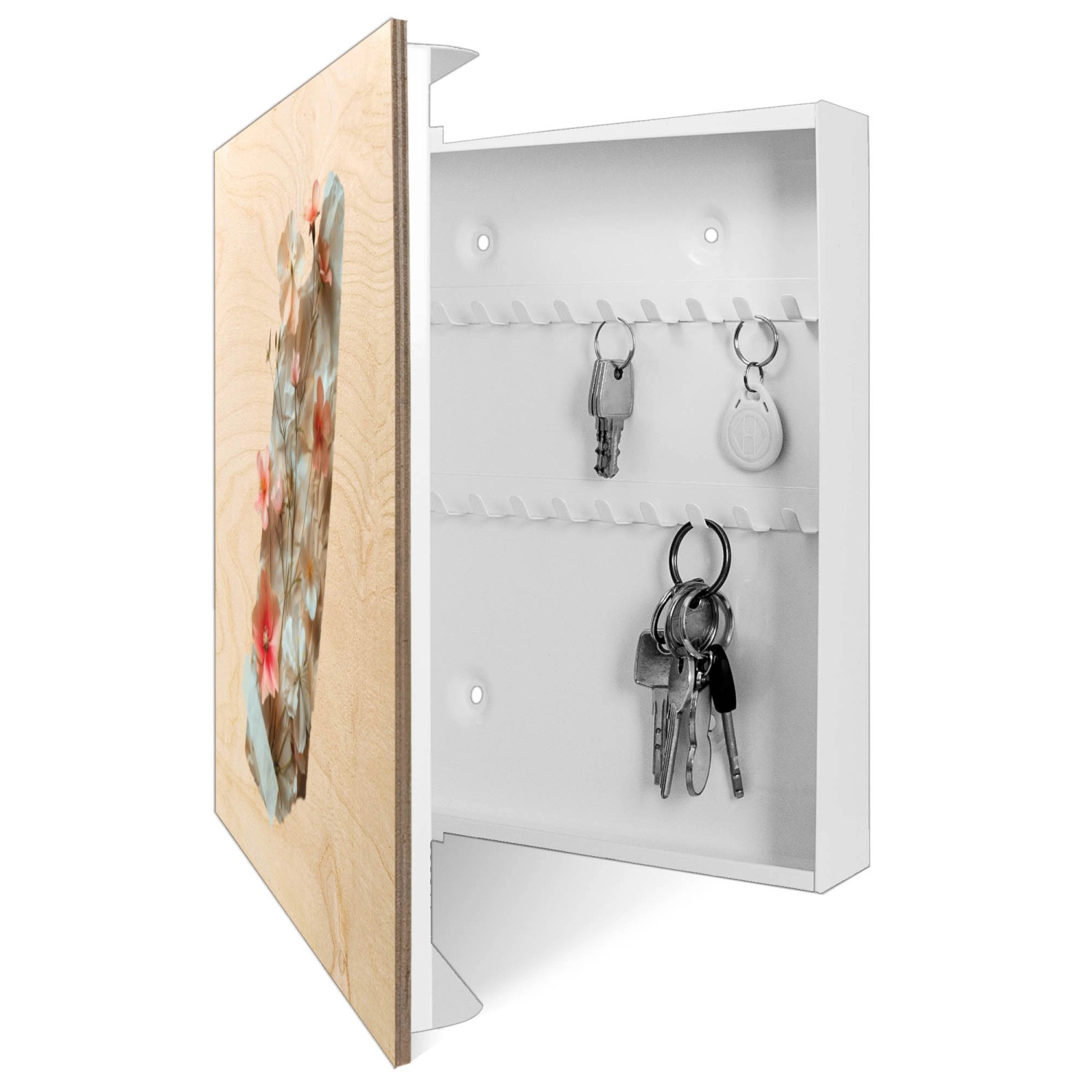 Banjado Schlüsselkasten mit Blütenmotiv, 30x30cm, weiße Box mit 50 Haken zur Schlüsselaufbewahrung.