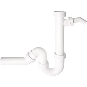 Weißer Sanitop-Wingenroth Küchen-Siphon, 38 mm, mit verstellbarem Abgangsrohr und Geräteanschluss.