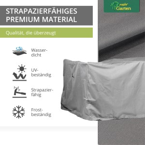 Rechteckige, graue Schutzhülle für eine Sitzgruppe von Mehr Garten. Wasserfest, UV-beständig und winterfest.
