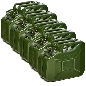 5 olivgrüne 10L BW Kraftstoffkanister aus Metall, TÜV-geprüft, für Pannenhilfe & Erste Hilfe.