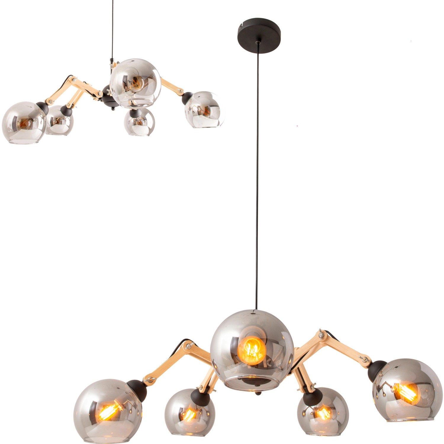 Schwarze 5-flammige Glas-Pendelleuchte Soito von Näve mit Holzdetails und getönten Glasschirmen.