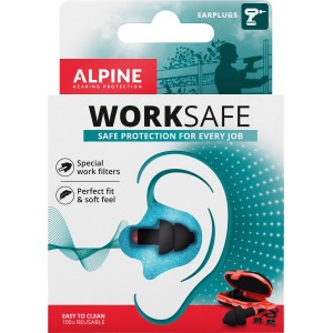 Alpine Work Safe Ohrstöpsel im Karton, wiederverwendbarer Gehörschutz für laute Arbeitsumgebungen.