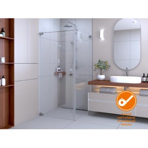 Eckdusche Brava mit Drehtür und Seitenwand, Chrom, Sondermaßanfertigung. Barrierefreie Duschkabine im Badezimmer.