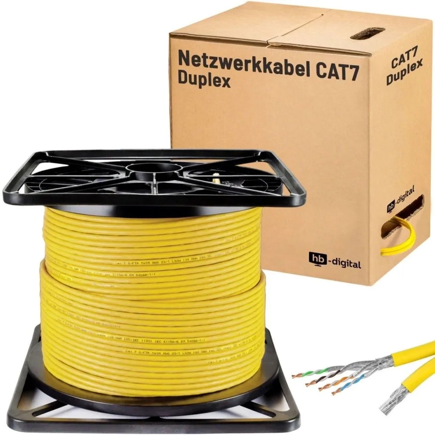 hb-digital CAT 7 Kabel Duplex Ethernetkabel LSZH max. 1000 MHz S/FTP AWG23 100m Gelb