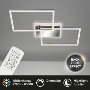 Dimmbare LED-Deckenleuchte Frame in Silber mit Fernbedienung und Backlight.