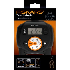 Fiskars Zeitschaltuhr mit 2 Ausgängen, schwarz-orange, für Sprinkler-Systeme.