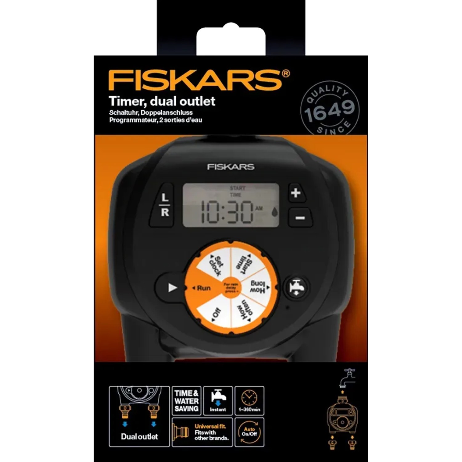 Fiskars Zeitschaltuhr mit 2 Ausgängen, schwarz-orange, für Sprinkler-Systeme.