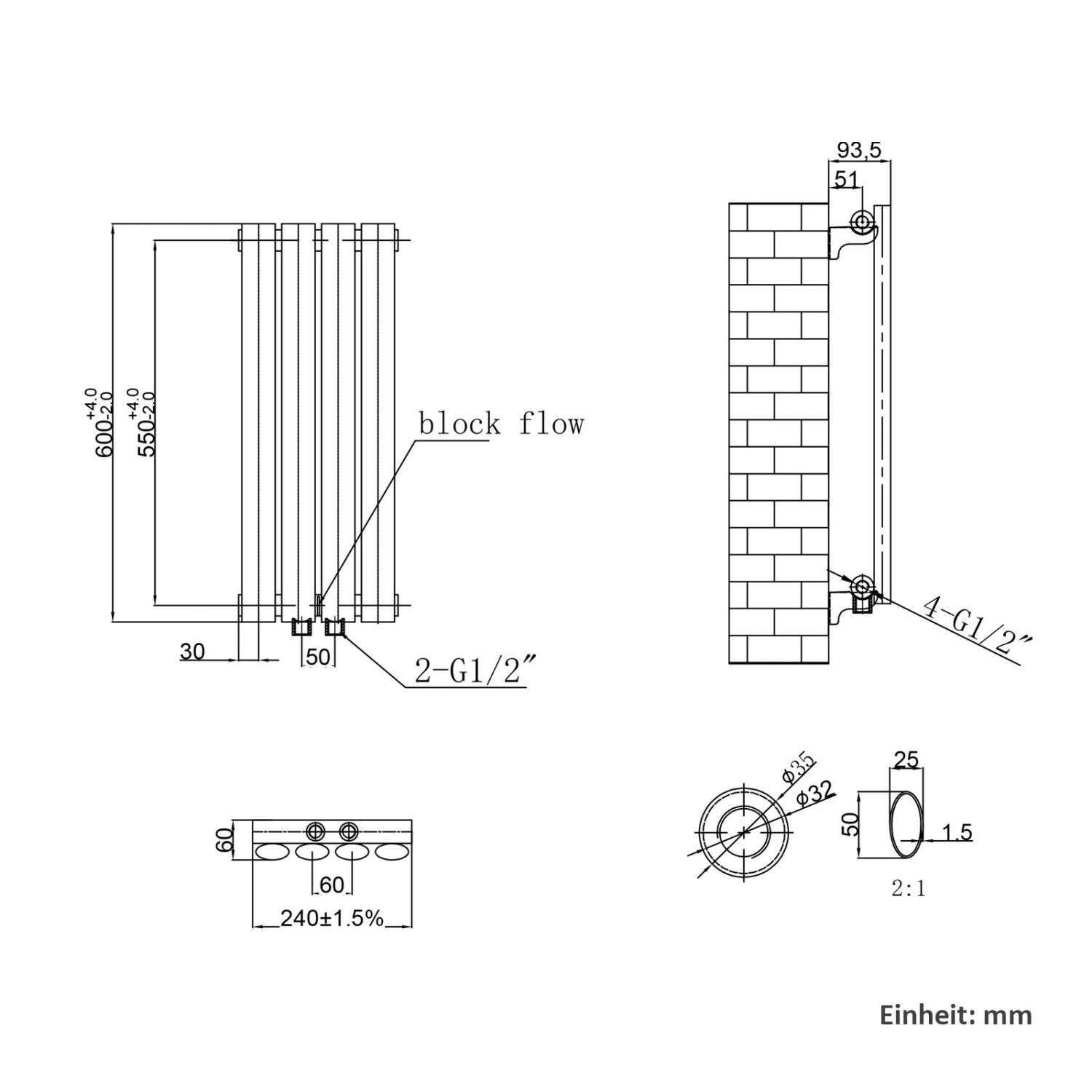 Technische Zeichnung: Emke Heizkörper, ovaler Röhrenheizkörper für Warmwasserbetrieb, Maße und Anschlüsse.